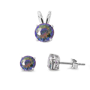 Solitaire Round Earrings Rainbow Simulated Topaz .925 Sterling Silver Pendant Set