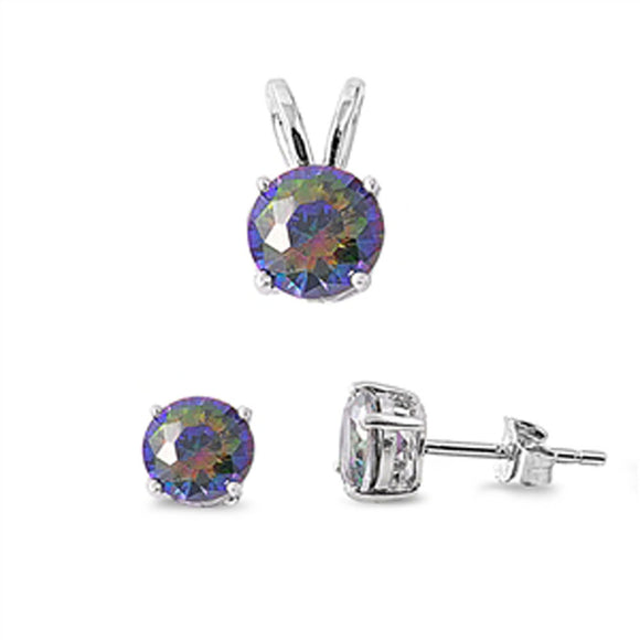 Solitaire Round Earrings Rainbow Simulated Topaz .925 Sterling Silver Pendant Set