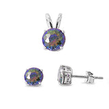 Solitaire Round Earrings Rainbow Simulated Topaz .925 Sterling Silver Pendant Set