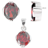 Solitaire Oval Earrings Simulated Garnet .925 Sterling Silver Pendant Set