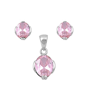 Solitaire Oval Earrings Pink Simulated CZ .925 Sterling Silver Pendant Set