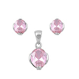 Solitaire Oval Earrings Pink Simulated CZ .925 Sterling Silver Pendant Set
