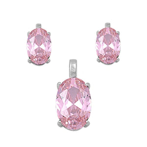 Solitaire Oval Earrings Pink Simulated CZ .925 Sterling Silver Pendant Set