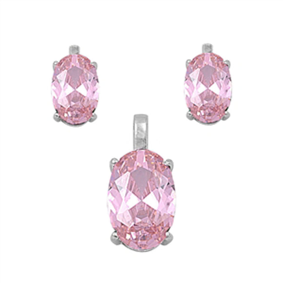 Solitaire Oval Earrings Pink Simulated CZ .925 Sterling Silver Pendant Set