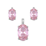 Solitaire Oval Earrings Pink Simulated CZ .925 Sterling Silver Pendant Set
