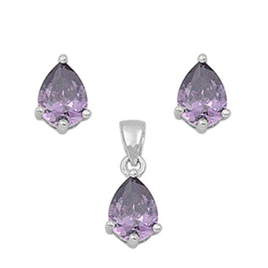 Solitaire Teardrop Earrings Simulated Amethyst .925 Sterling Silver Pendant Set