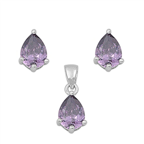 Solitaire Teardrop Earrings Simulated Amethyst .925 Sterling Silver Pendant Set