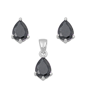 Solitaire Teardrop Earrings Black Simulated CZ .925 Sterling Silver Pendant Set