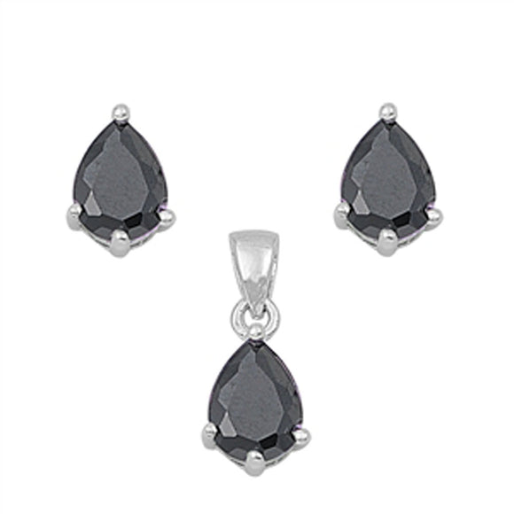 Solitaire Teardrop Earrings Black Simulated CZ .925 Sterling Silver Pendant Set