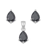 Solitaire Teardrop Earrings Black Simulated CZ .925 Sterling Silver Pendant Set