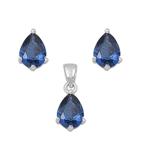 Solitaire Teardrop Earrings Blue Simulated Sapphire .925 Sterling Silver Pendant Set