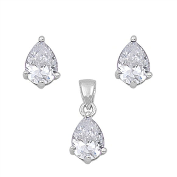 Solitaire Teardrop Earrings Clear Simulated CZ .925 Sterling Silver Pendant Set