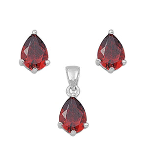 Solitaire Teardrop Earrings Simulated Garnet .925 Sterling Silver Pendant Set