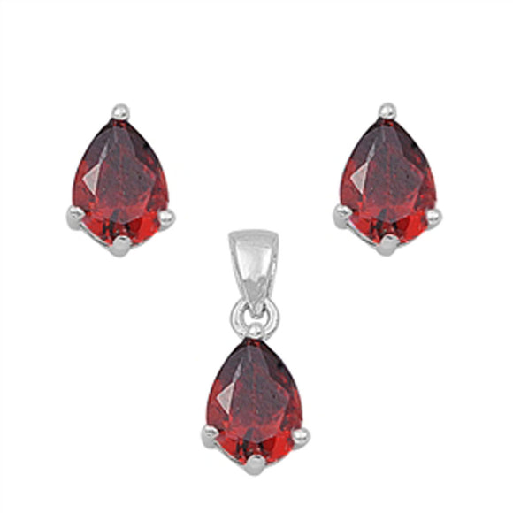 Solitaire Teardrop Earrings Simulated Garnet .925 Sterling Silver Pendant Set