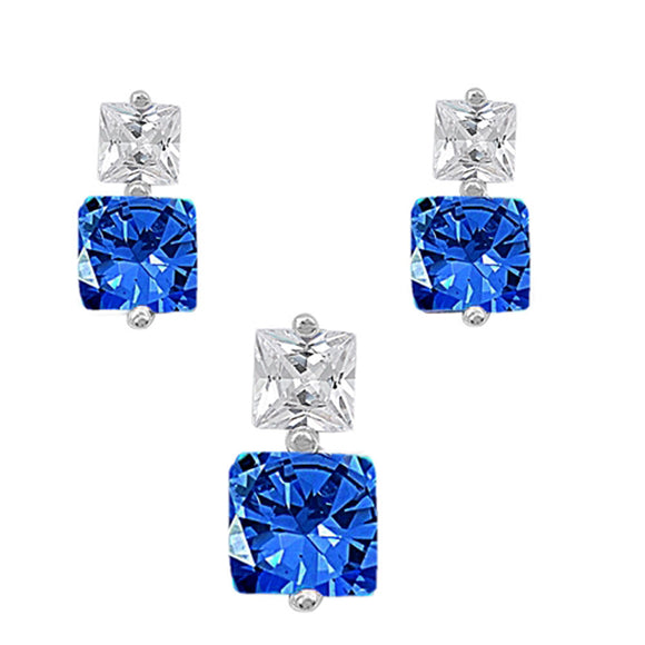 Sparkly Fancy Double Square Geometric Blue Simulated Sapphire Clear Simulated CZ .925 Sterling Silver Earrings Pendant Set