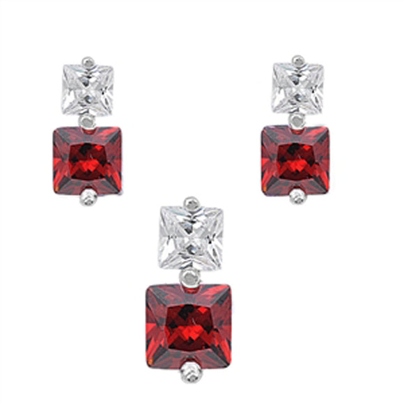 Square Princess Cut Earrings Simulated Garnet Clear Simulated CZ .925 Sterling Silver Pendant Set