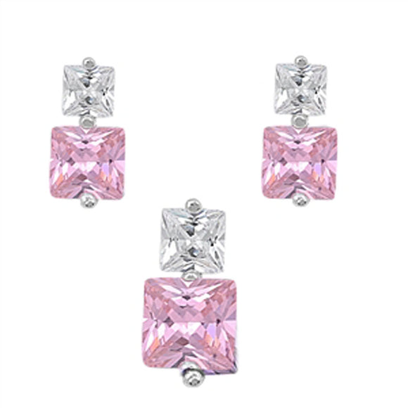 Square Square Earrings Pink Simulated CZ Clear Simulated CZ .925 Sterling Silver Pendant Set