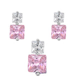 Square Square Earrings Pink Simulated CZ Clear Simulated CZ .925 Sterling Silver Pendant Set