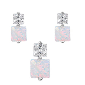 Square Earrings White Simulated Opal Clear Simulated CZ .925 Sterling Silver Pendant Set