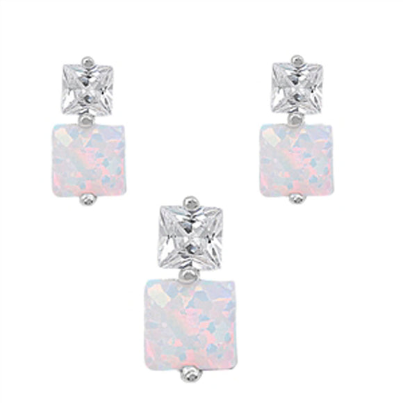 Square Earrings White Simulated Opal Clear Simulated CZ .925 Sterling Silver Pendant Set