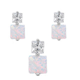 Square Earrings White Simulated Opal Clear Simulated CZ .925 Sterling Silver Pendant Set