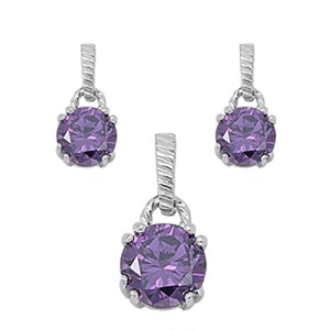 Solitaire Round Earrings Simulated Amethyst .925 Sterling Silver Pendant Set
