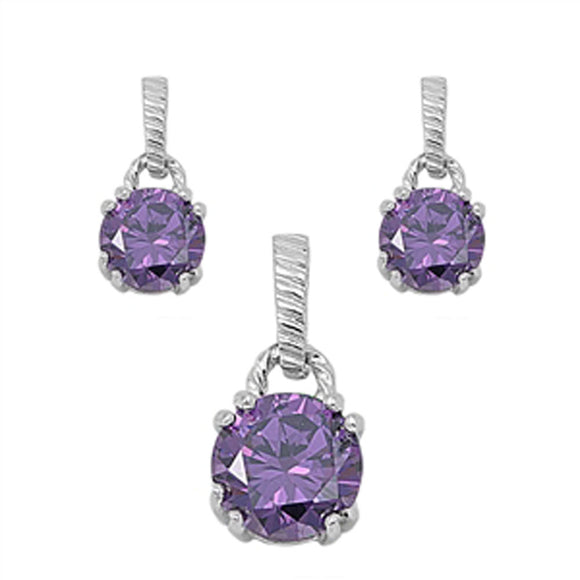 Solitaire Round Earrings Simulated Amethyst .925 Sterling Silver Pendant Set