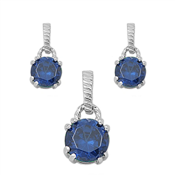 Solitaire Round Earrings Blue Simulated Sapphire .925 Sterling Silver Pendant Set