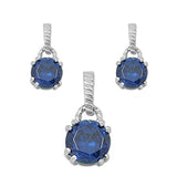 Solitaire Round Earrings Blue Simulated Sapphire .925 Sterling Silver Pendant Set