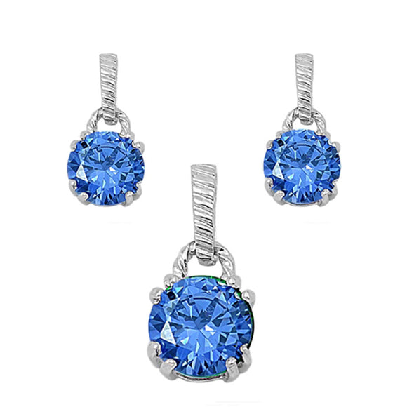 Rope Simple Circle Dangle Classic Blue Simulated Topaz .925 Sterling Silver Earrings Pendant Set