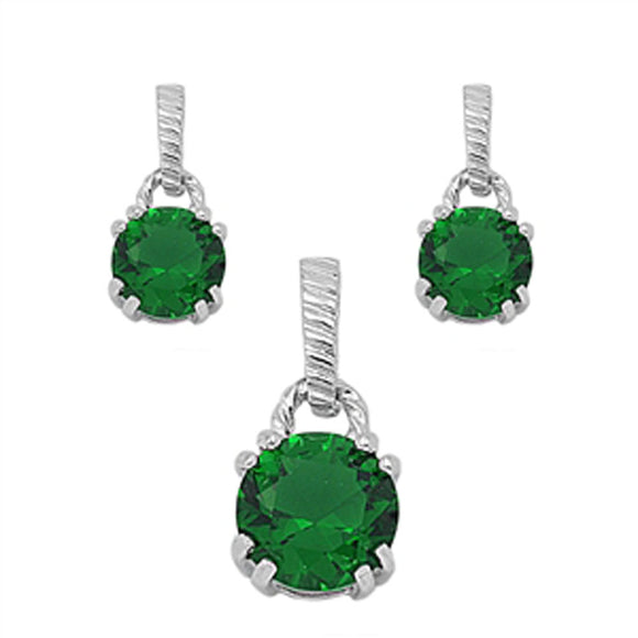 Solitaire Round Earrings Simulated Emerald .925 Sterling Silver Pendant Set