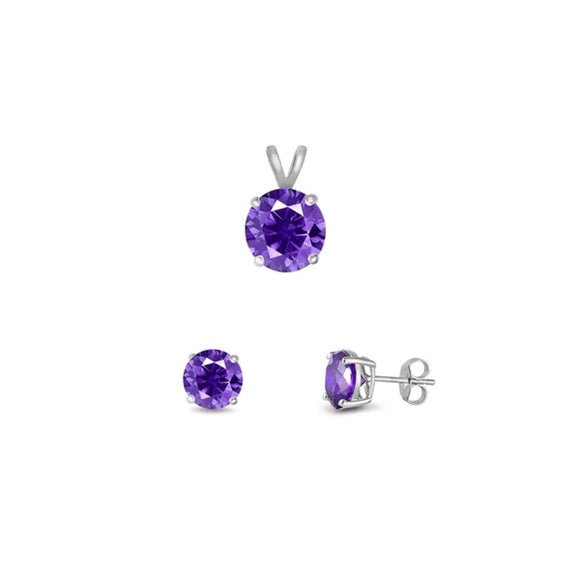 Sterling Silver Round Fashion Amethyst CZ 4mm Earring & 6mm Pendant Set 925 New