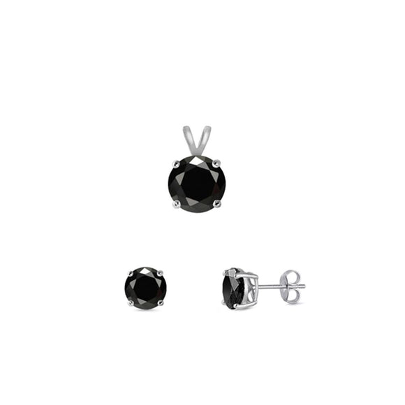 Sterling Silver Beautiful Black CZ 4mm Earrings & 6mm Pendant Set 925 New
