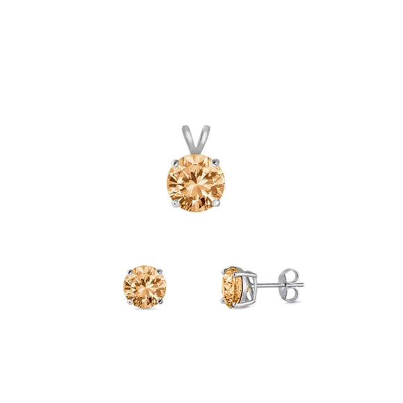 Sterling Silver Polished Champagne CZ 4mm Earrings & 6mm Pendant Set 925 New