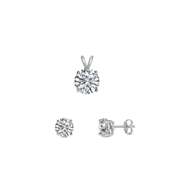 Sterling Silver Clear Round Fashion CZ 4mm Earring & 6mm Pendant Set 925 New