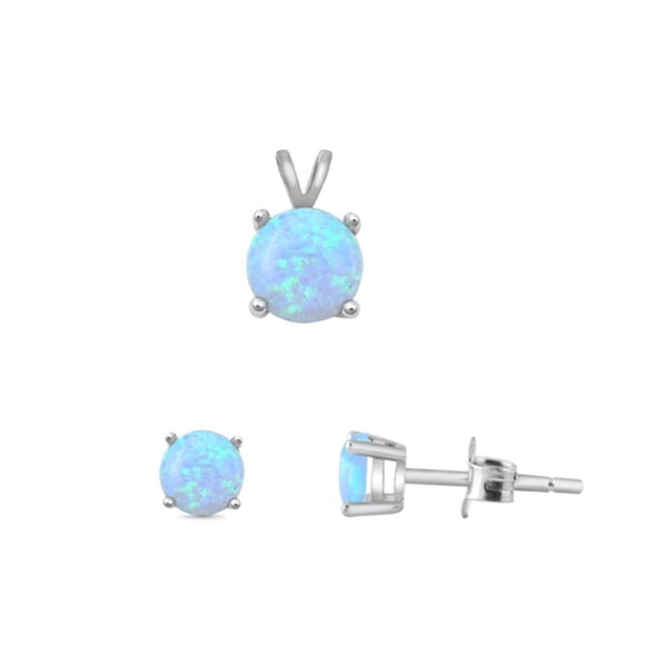 Sterling Silver Light Blue Synthetic Opal 4mm Earrings & 6mm Pendant .925 New