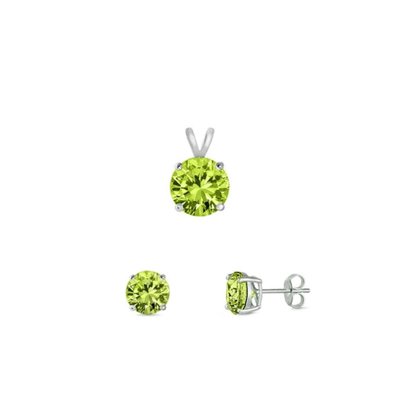 Sterling Silver Beautiful Peridot CZ 4mm Earrings & 6mm Pendant Set 925 New