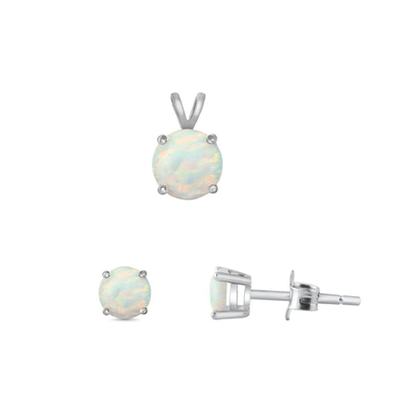 Sterling Silver Polished White Synthetic Opal 4mm Earrings & 6mm Pendant .925