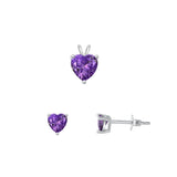 Sterling Silver Fashion Heart Amethyst CZ 4mm Earrings & 6mm Pendant Set 925 New