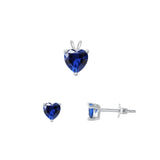 Sterling Silver 4mm Blue Sapphire CZ Earrings & 6mm Heart Pendant Set 925 New