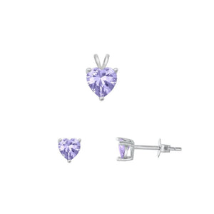 Sterling Silver Unique 4mm Lavender CZ Earrings & 6mm Pendant Heart Set 925 New