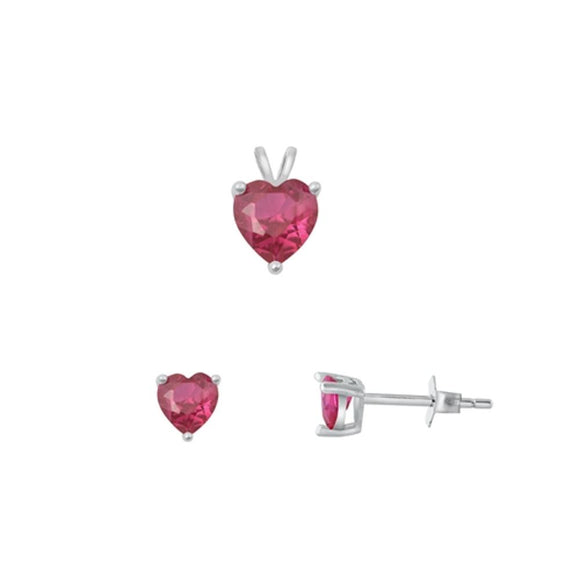 Sterling Silver Wholesale 4mm Ruby CZ Earrings & 6mm Pendant Heart Set 925 New