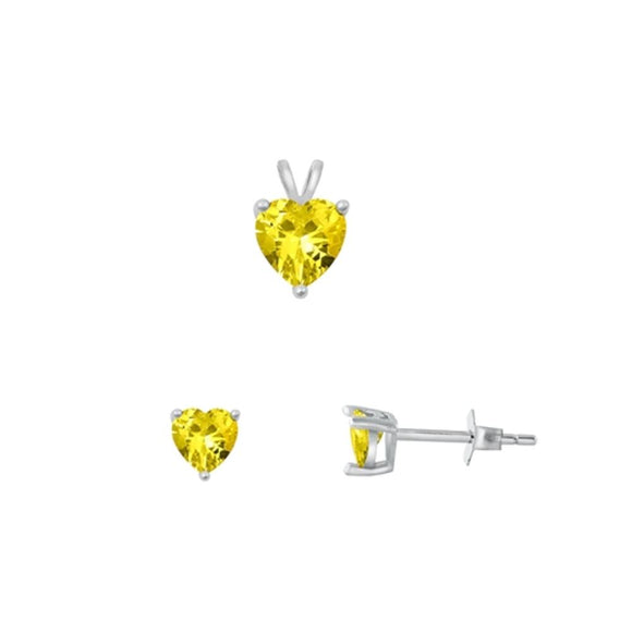 Sterling Silver Cute 4mm Yellow CZ Earrings & 6mm Heart Pendant Set 925 New