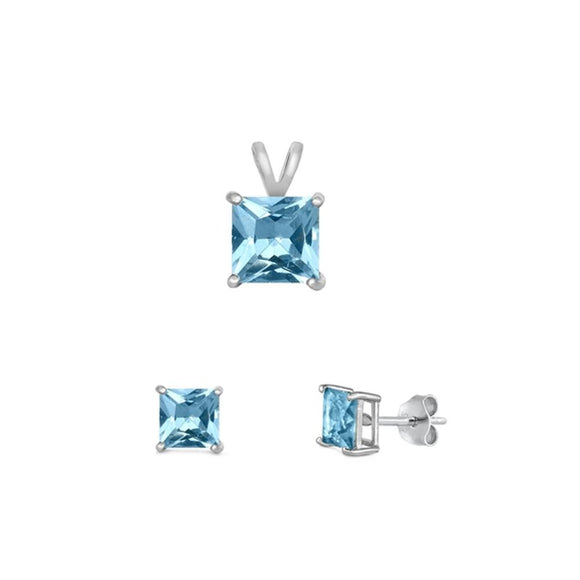 Sterling Silver Classic Aquamarine CZ 4mm Stud Earrings & 6mm Pendant Set 925
