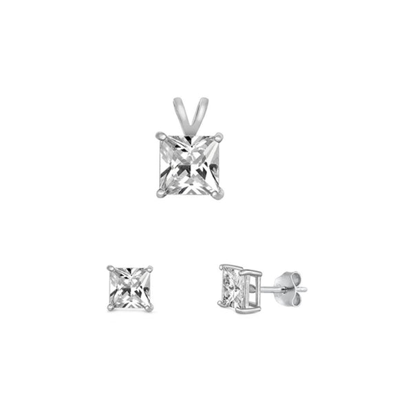 Sterling Silver Cute Princess Cut 4mm Clear CZ Earrings & 6mm Pendant Set 925