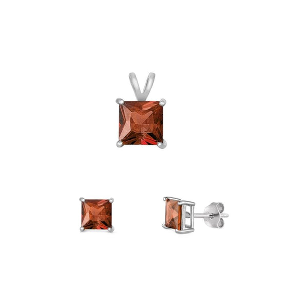 Sterling Silver Princess Cut 4mm Garnet CZ Earrings & 6mm Pendant Set 925 New