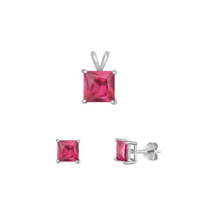 Sterling Silver Classic Ruby CZ 4mm Earrings & 6mm Pendant Set 925 New