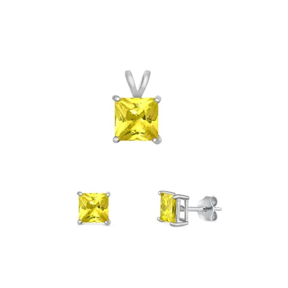 Sterling Silver Cute Fashion Yellow CZ 4mm Earrings & 6mm Pendant Set 925 New