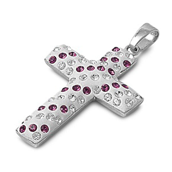 Cute Sprinkle Cross Pendant Pink Simulated CZ .925 Sterling Silver Charm