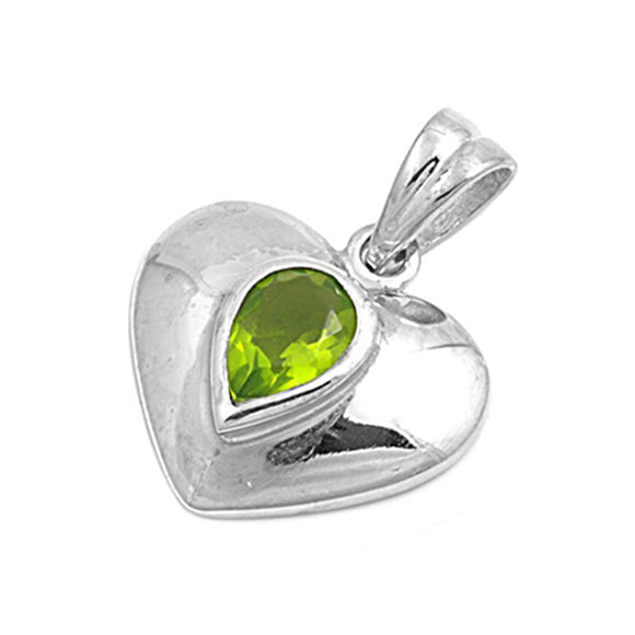 Sterling Silver High Polish Teardrop Heart Shiny Simulated Peridot Pendant Charm